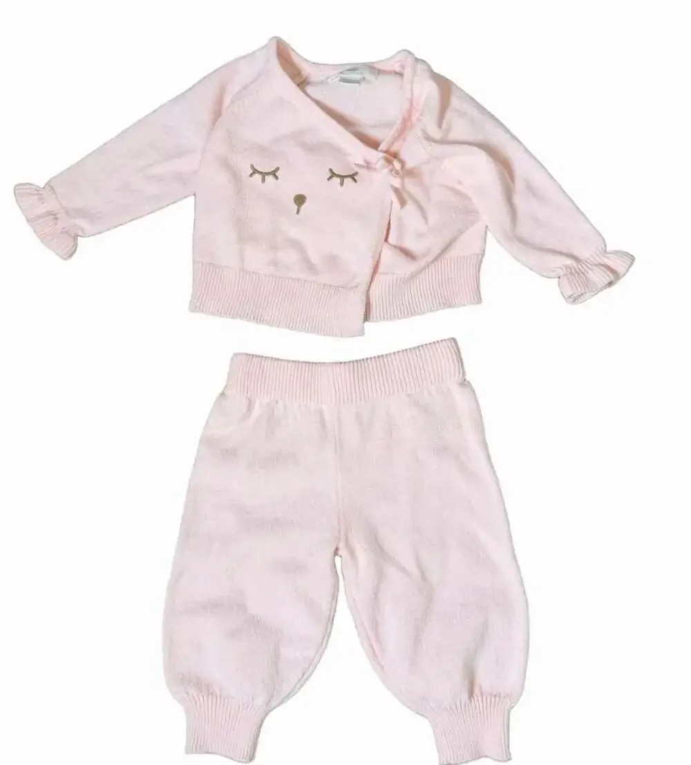 Cloud Island Pink Sleeping Bunny Knit Cardigan and Pants Set Newborn